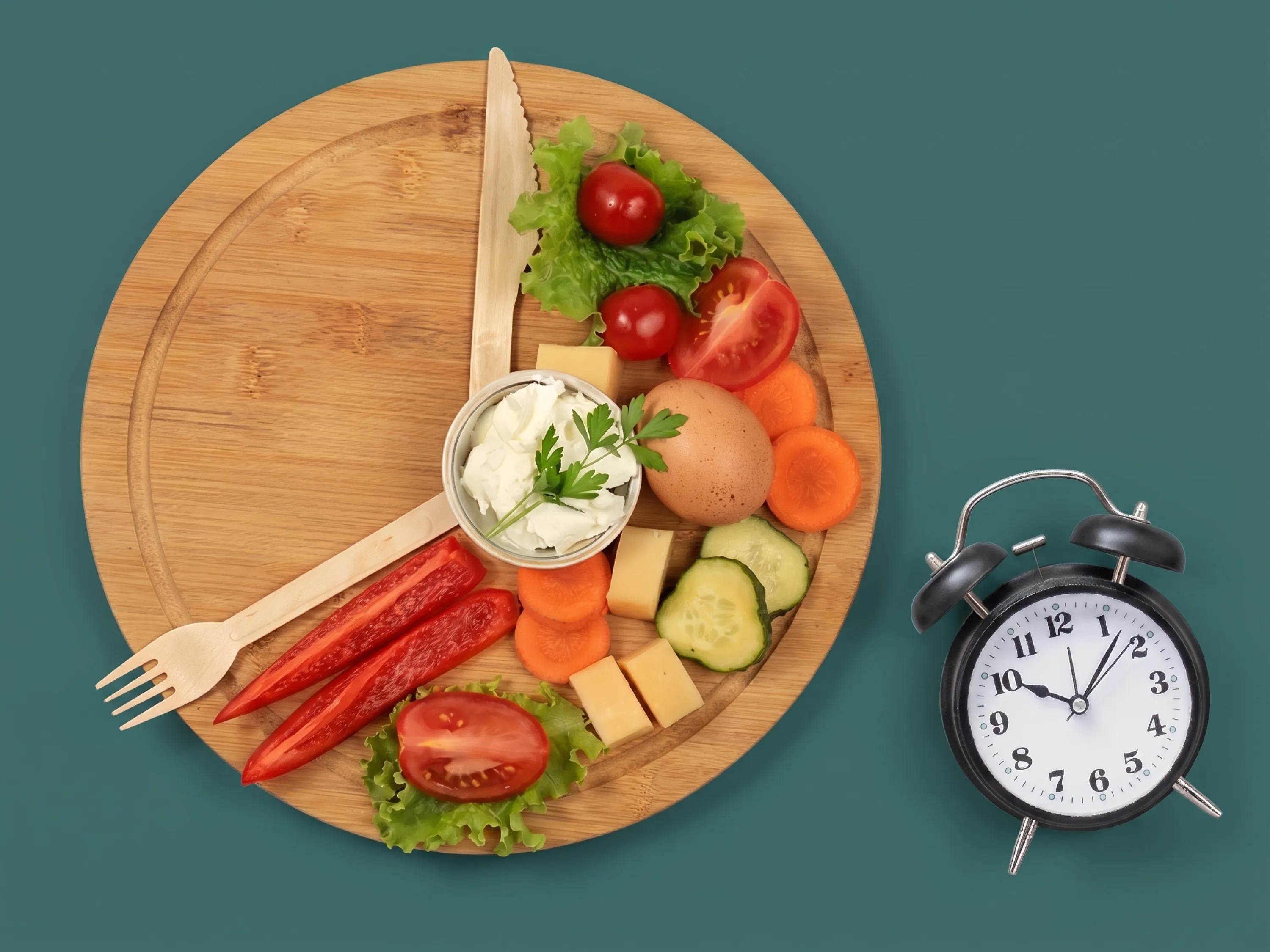 Assiette de légumes variés disposés en forme d'horloge, fourchette et couteau en bois, à côté d'un réveil noir.