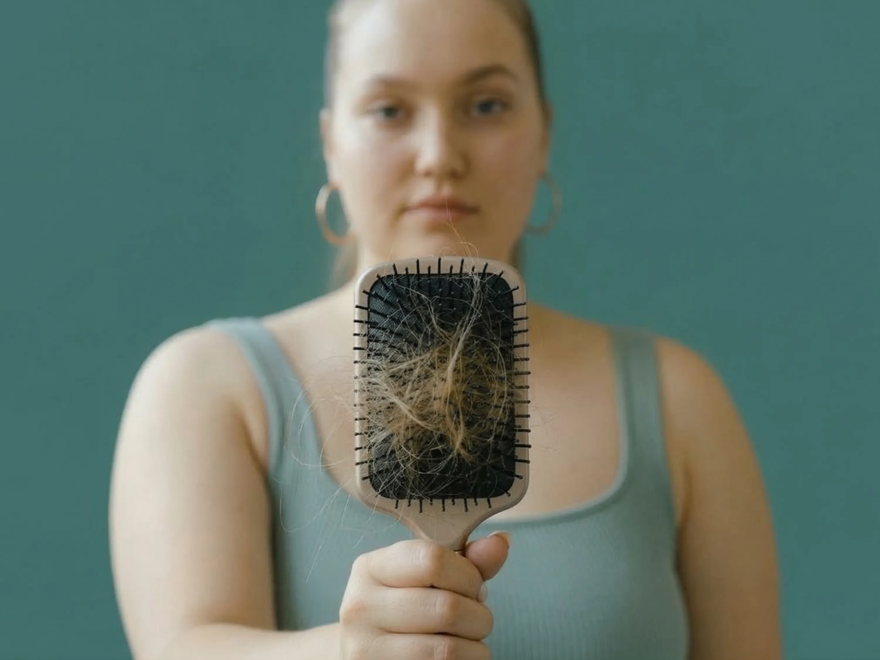 Une femme tient une brosse à cheveux remplie de cheveux tombés, sur fond vert.