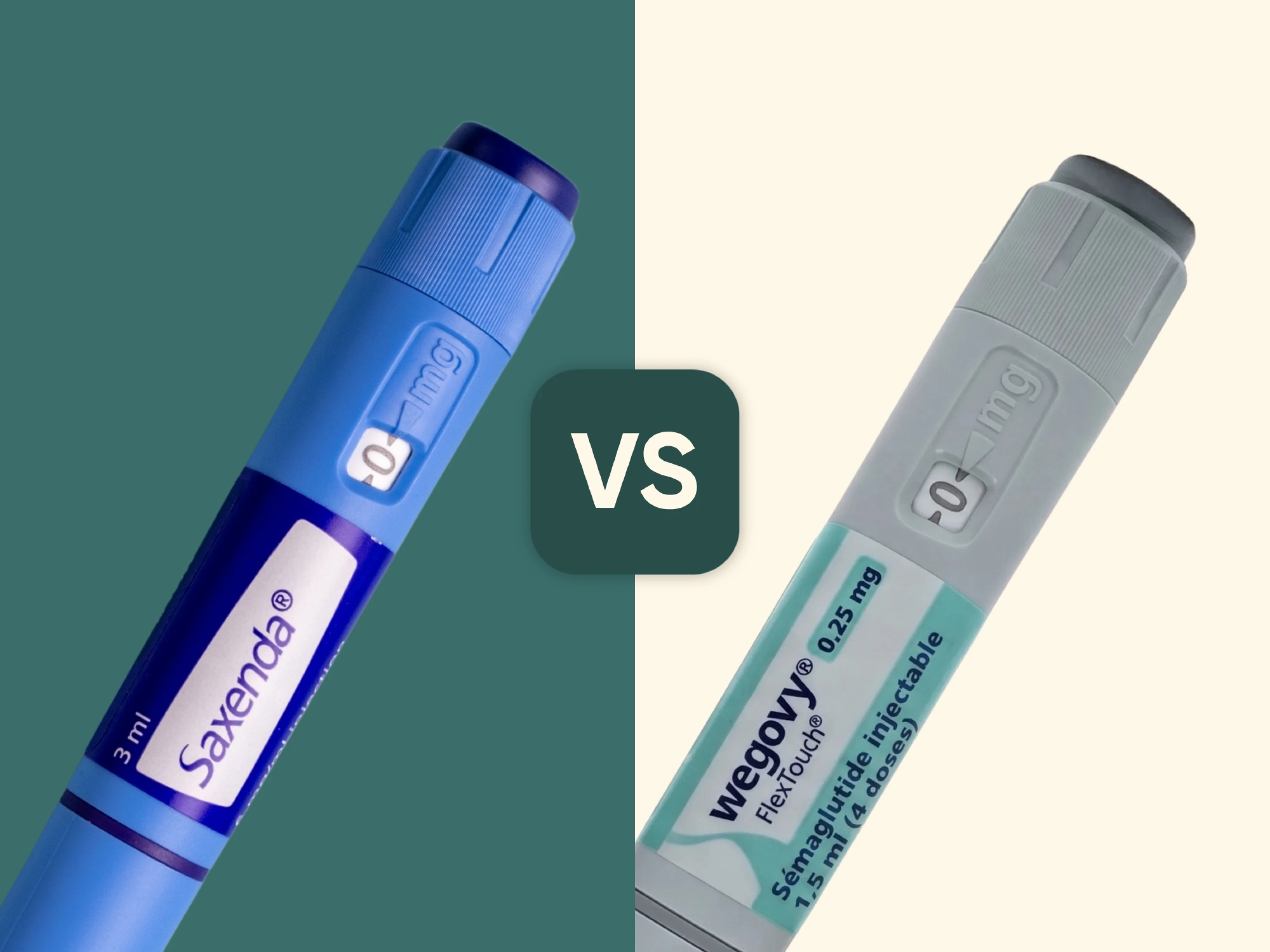 Stylo injecteur Saxenda 3 mL et stylo Wegovy FlexTouch 0,25 mg, séparés par 'VS'.