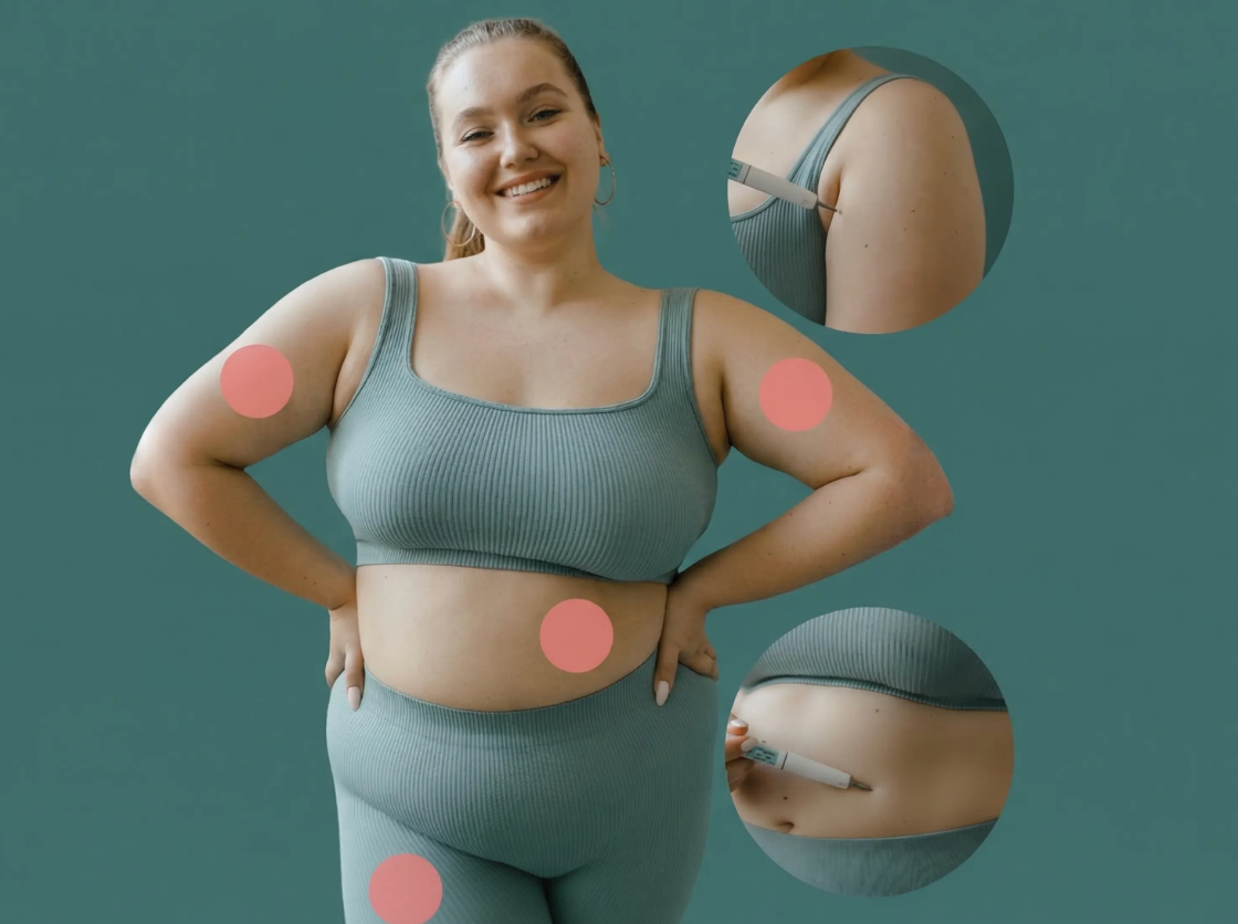 Infographie : zones d'injection sur le bras, l'abdomen et la cuisse, avec gros plans.