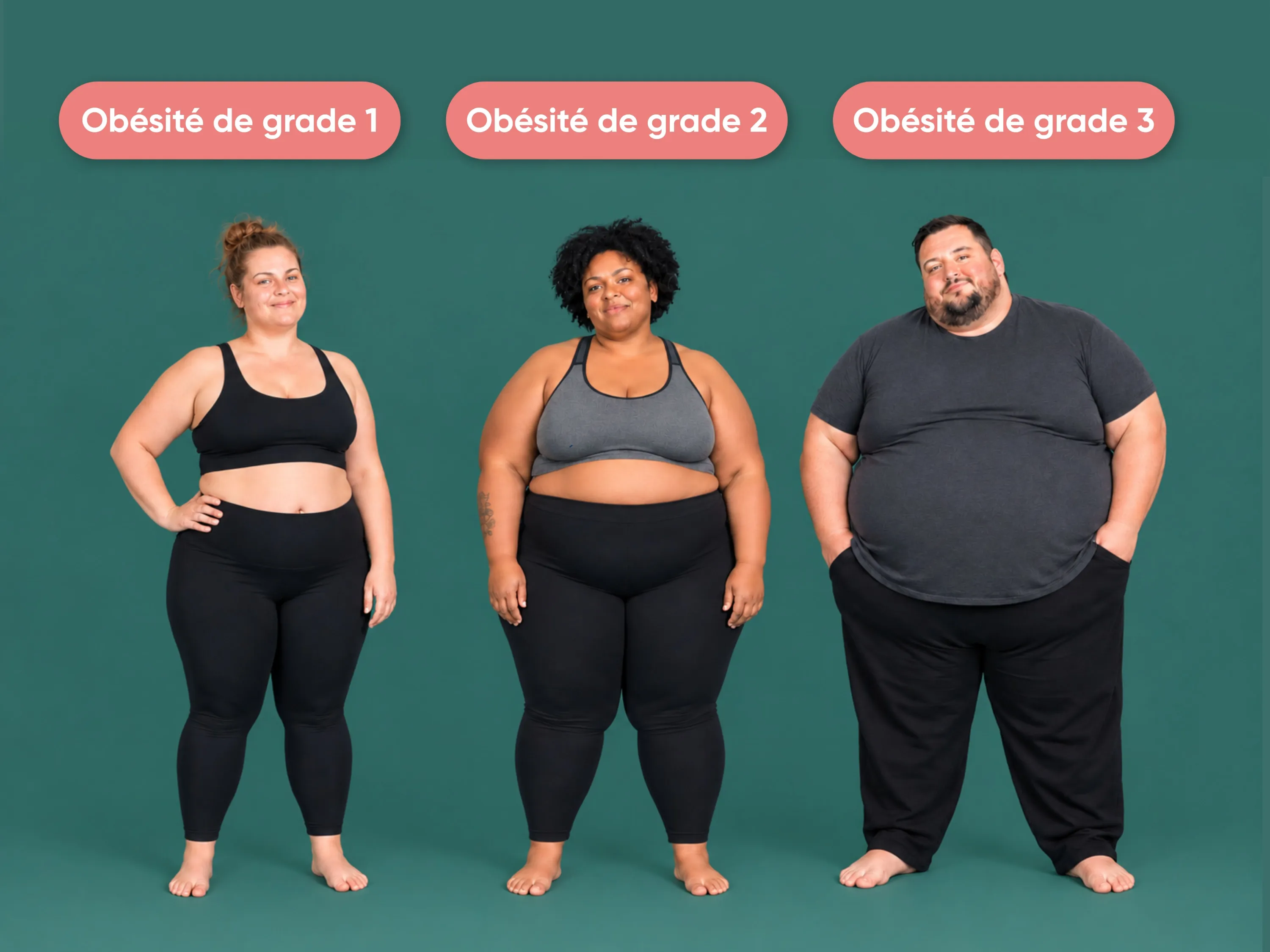 Trois personnes de corpulences différentes se tiennent devant un fond vert, grade 1 à 3.