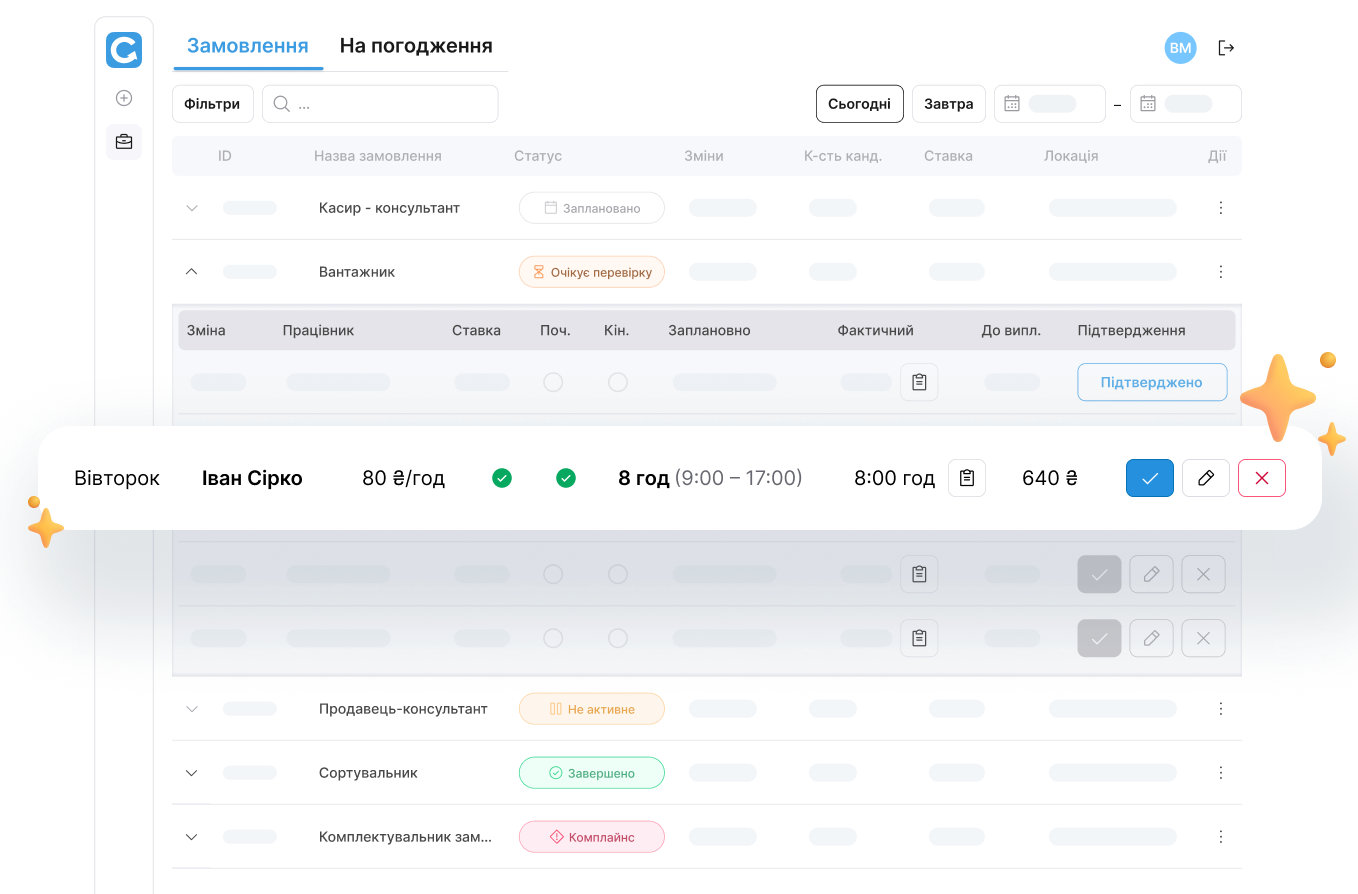 Інтерфейс зі списком співробітників із їхньою тарифною ставкою, кількістю відпрацьованих годин, сумою до виплати та кнопками для підтвердження, редагування або видалення запису.