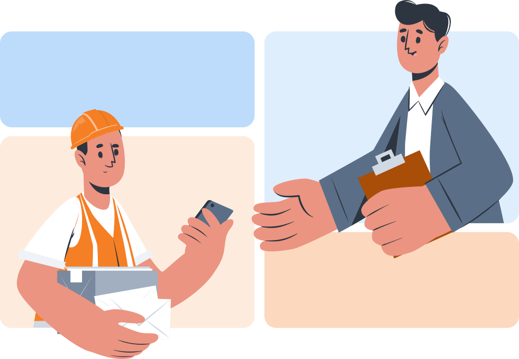 Ілюстрація робітника в помаранчевій касці та жилеті, який тримає телефон і документи, поруч із чоловіком у костюмі з планшетом у руках, який подає йому руку для стискання.
