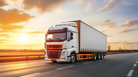 White and orange semi-truck driving on a highway during a sunset with a partly cloudy sky.