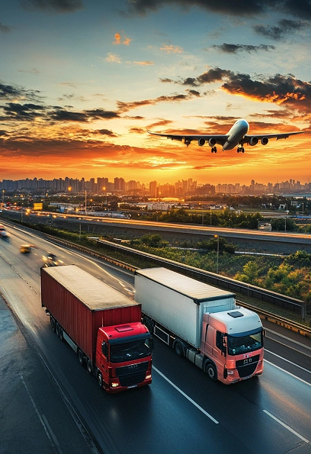 Two large trucks driving on a highway with an airplane flying overhead against a sunset city skyline.