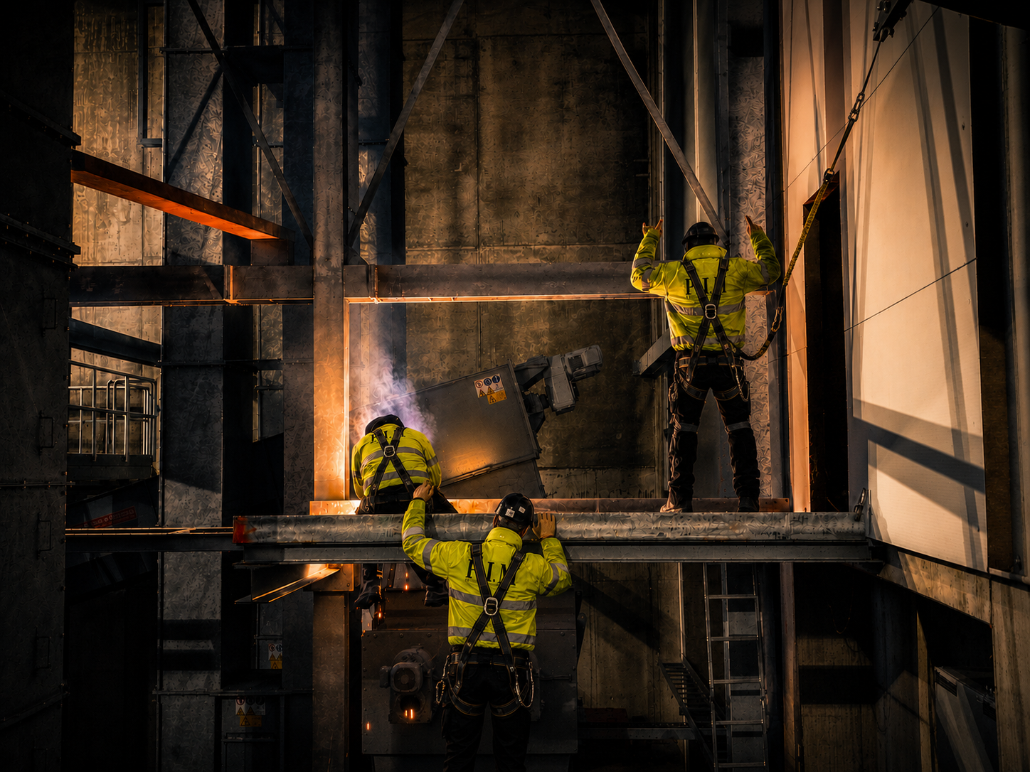 Three construction workers in safety gear working on metal framework inside an industrial building.