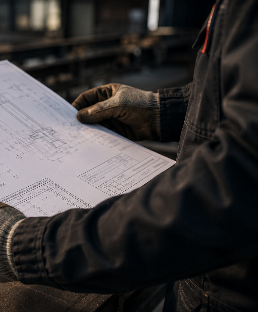 Person wearing gloves and dark jacket holding architectural blueprints inside a workshop.