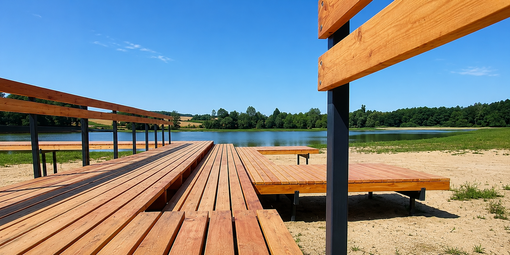 Steel and timber pier used by visitors at Stráž pond