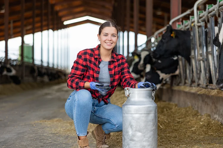 Smiling young woman in a red plaid shirt and jeans kneeling beside a metal milk can in a barn with black and white cows in the background.