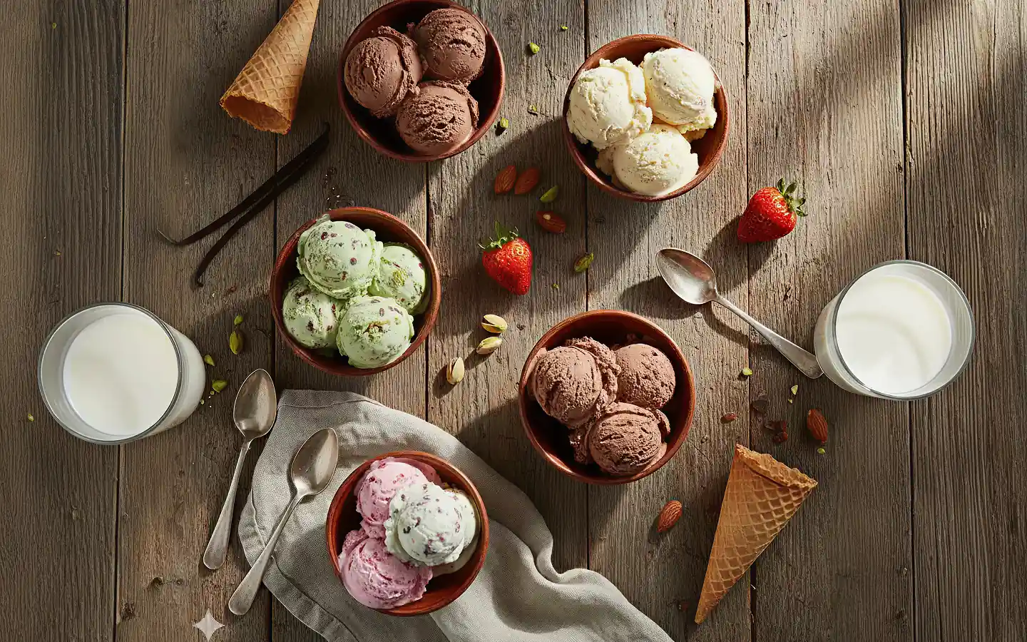 Five bowls of assorted ice cream scoops with waffle cones, two glasses of milk, strawberries, almonds, pistachios, and spoons on a wooden table.