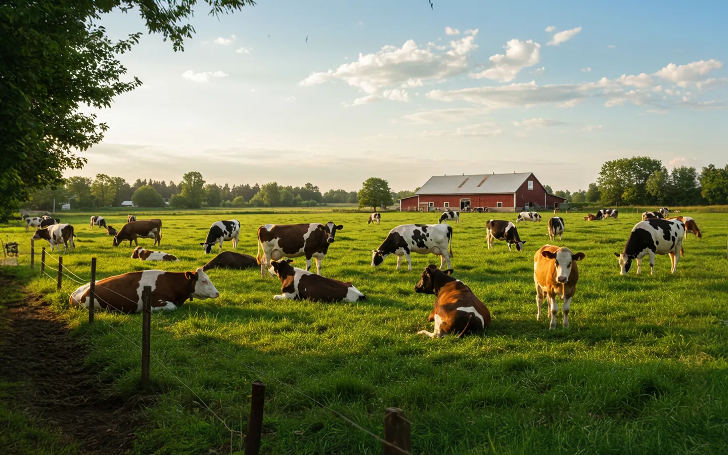 Cows grazing and resting in a green pasture with a red barn and trees in the background during late afternoon.