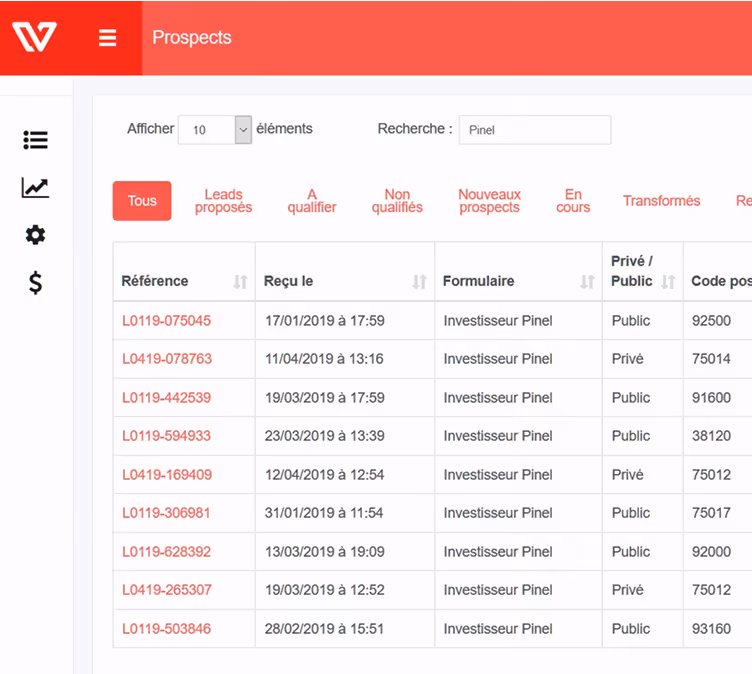 Interface CRM Leadvalue pour la gestion et le suivi des leads commerciaux