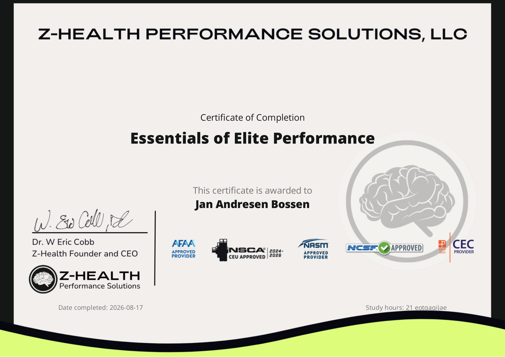 Z-Health Certificate of Completion for Jan Andresen Bossen