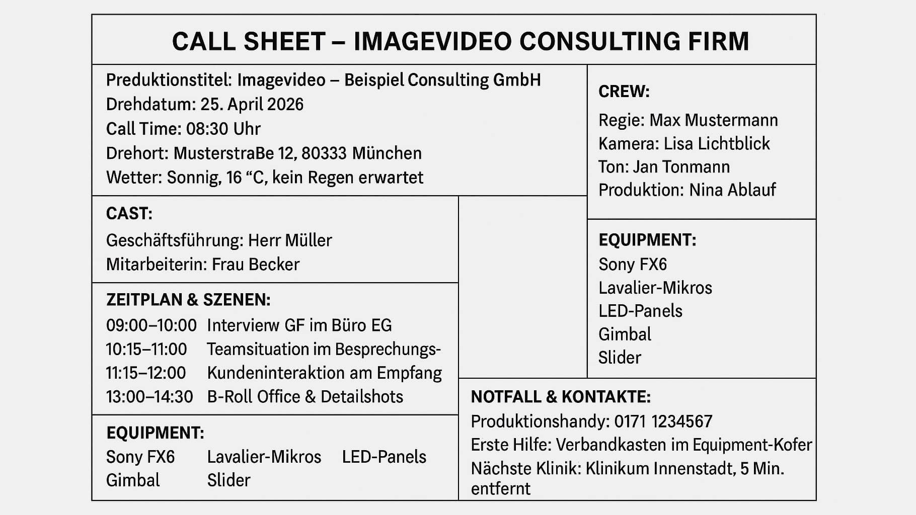 Ein beispielhaftes Call-Sheet für einen Videodreh. Gedreht wird ein Social Media Film für eine Consulting Firma. Das Bild ist generiert vom 4o Model aus ChatGPT.
