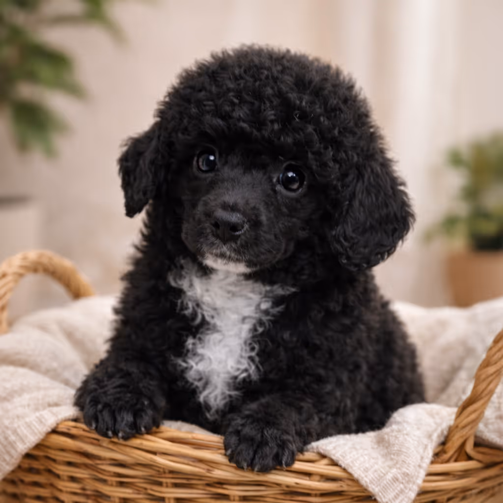 A portrait image of a Toy Poodle puppy in a cosy wicker basket with a blanket.