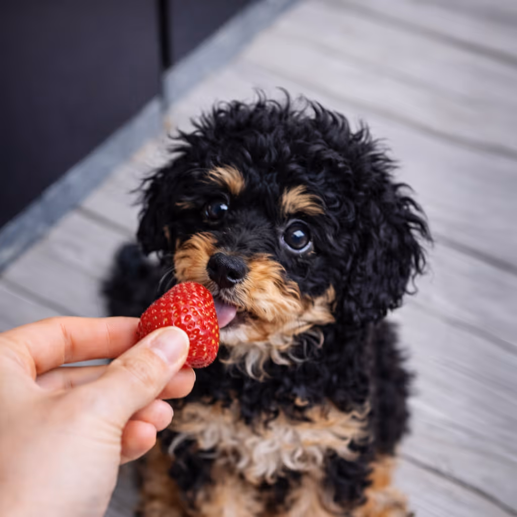 A portrait image of a Cavapoo puppy with the owner holding a strawberry in front of it's mouth.
