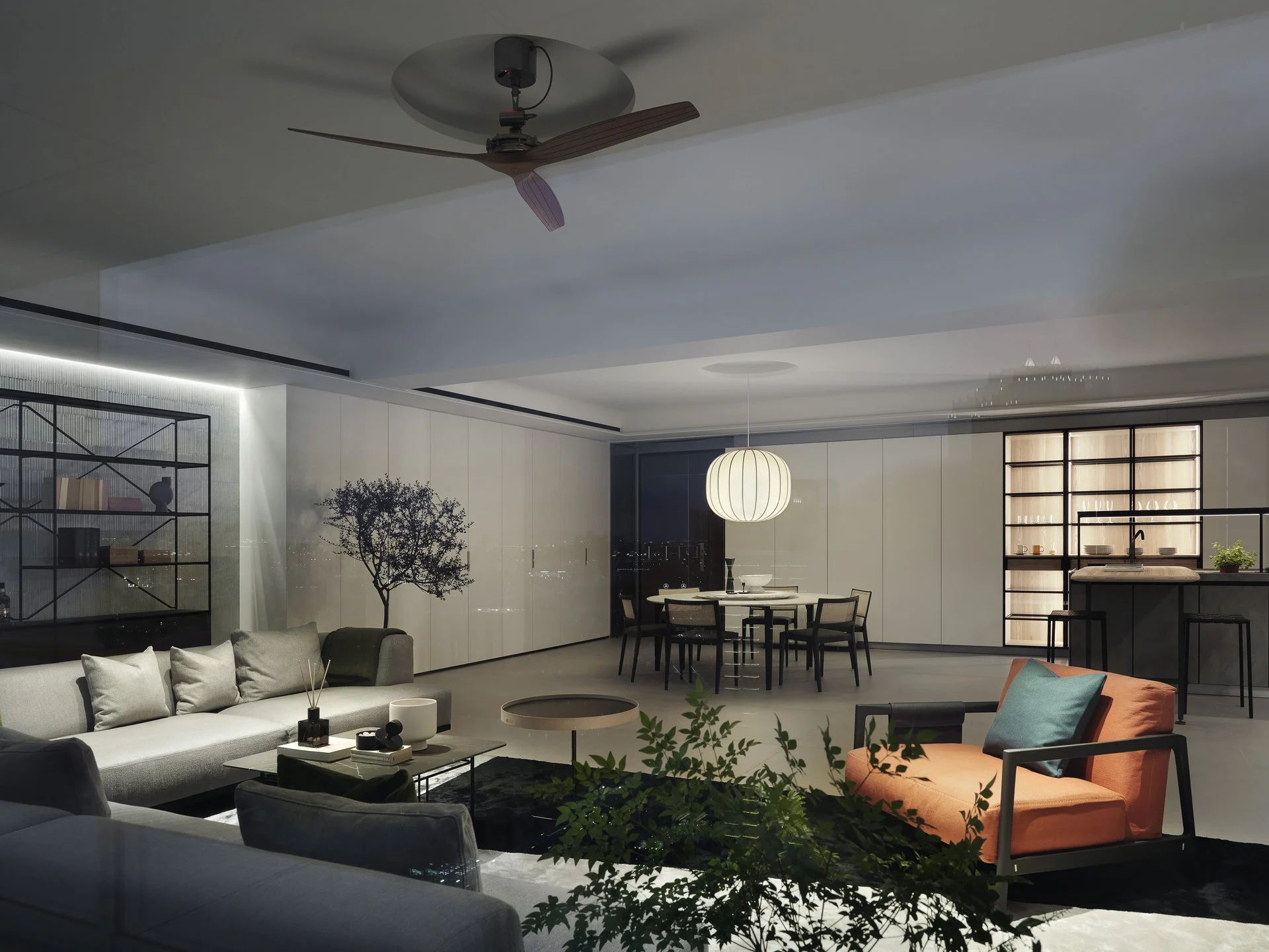 珥本設計｜台中七期豪宅設計：BOFFI HOME II 220坪開放式格局公領域夜景，客廳餐廚與 BOFFI 中島一軸串聯