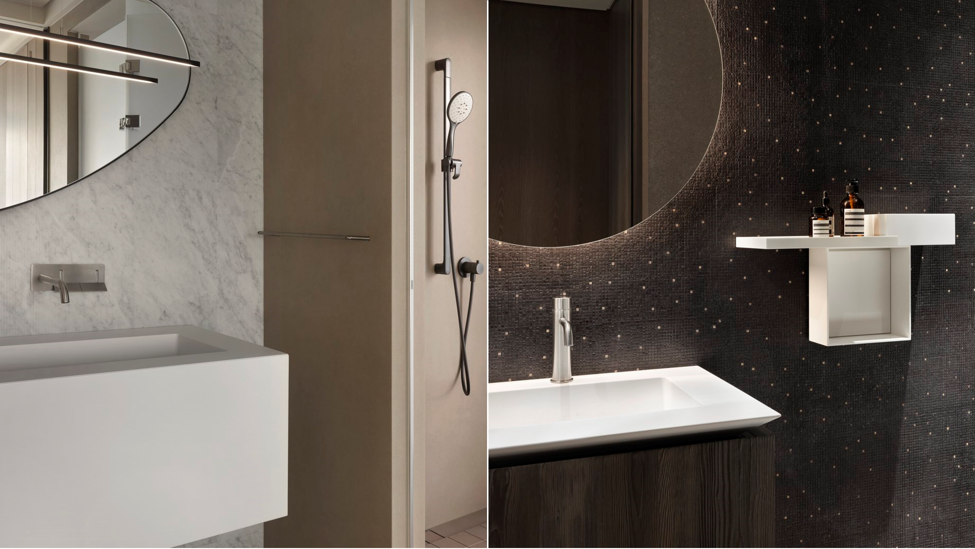 BOFFI HOME II 圖:珥本設計|BOFFI HOME II客用洗手間:黑色金點馬賽克牆面與背光圓鏡設計