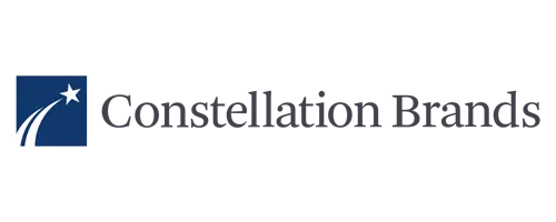 Constellation Brands logo featuring a white star with three curved lines on a blue square next to the company name in gray text.