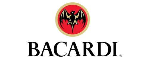 Bacardi logo featuring a black bat inside a red circle above the word 'BACARDI' in bold, black letters.