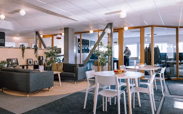 Modern kontorsmiljö med grå soffor, vita stolar kring bord, växter och en person vid fönstret.