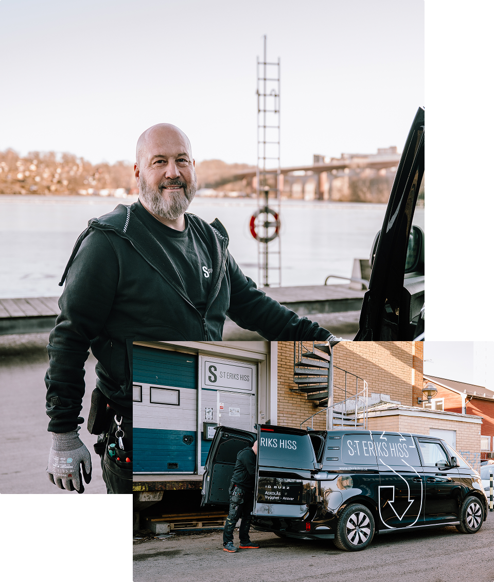 Servicetekniker från S:t Eriks Hiss vid företagets servicebilar, vid vattnet och utanför verkstaden i Stockholm.