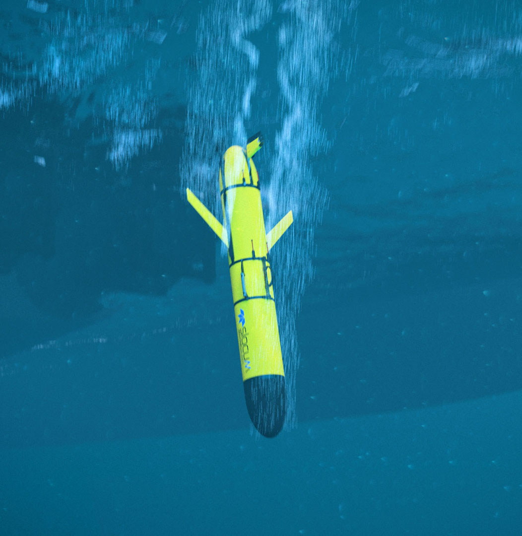 Sentinel deployed from the back of a vessel from a subsea perspective with it coming through the water.