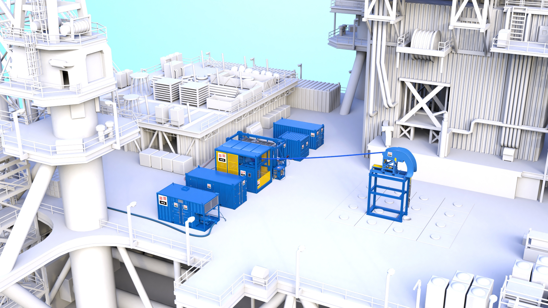 IKM's equipment spread on a simplified white offshore platform.