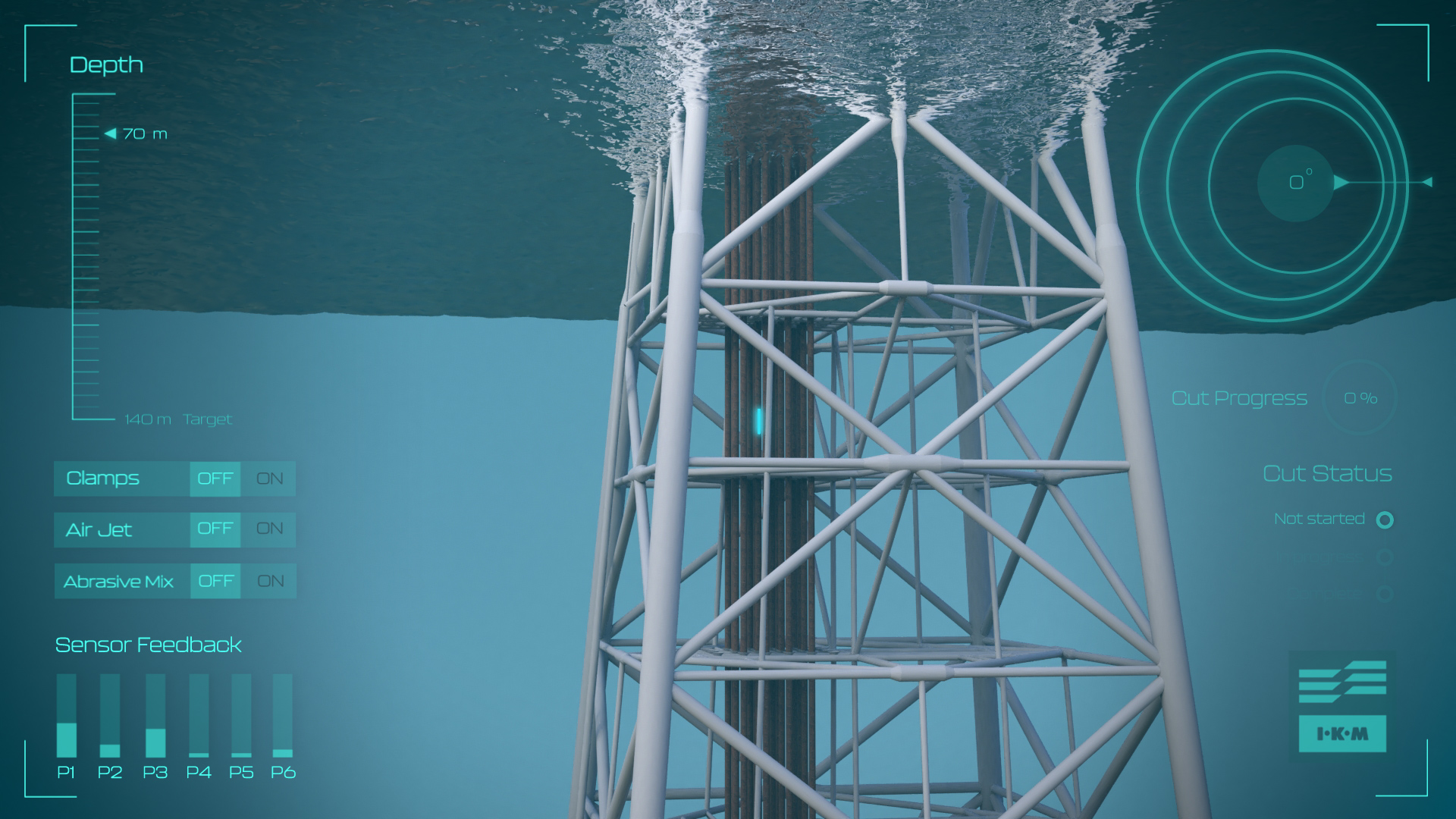 Cutting tool on descent subsea beneath offshore platform with heads up display showing progress of depth.