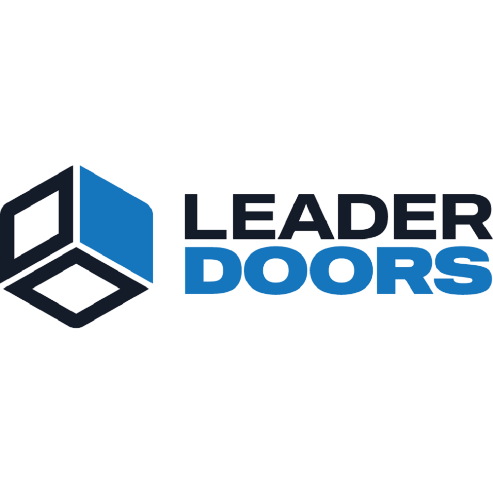 Leader Doors logo with a blue and black cube icon to the left and the text 'LEADER DOORS' in black and blue on the right.