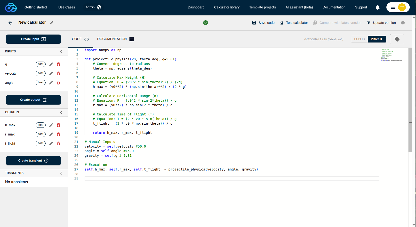 calculator editor with code pasted