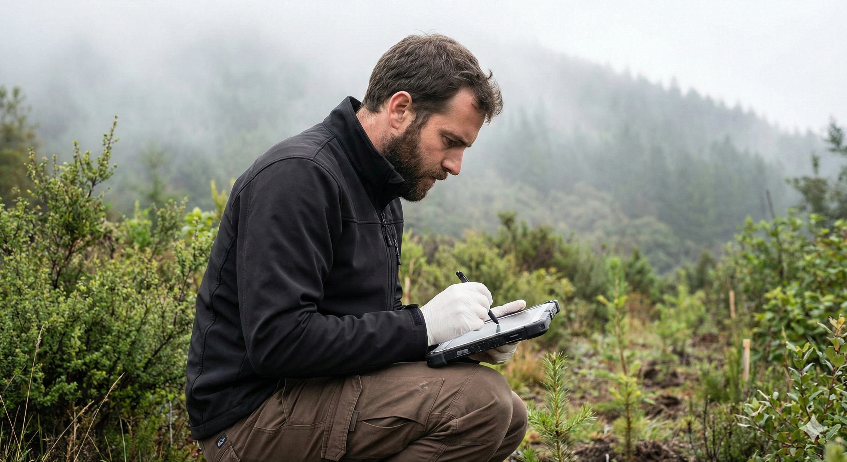 Man wearing gloves crouching in a green foggy forest, using a stylus on a rugged tablet.