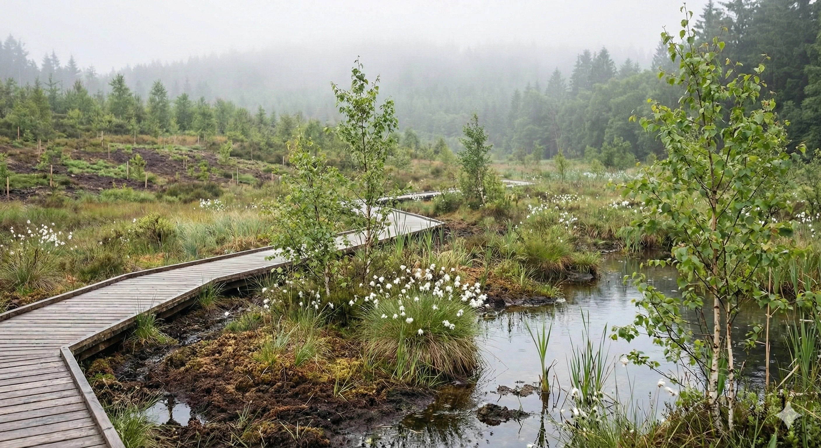 Wooden boardwalk winding through a misty wetland with small trees, grass, and white flowers.
