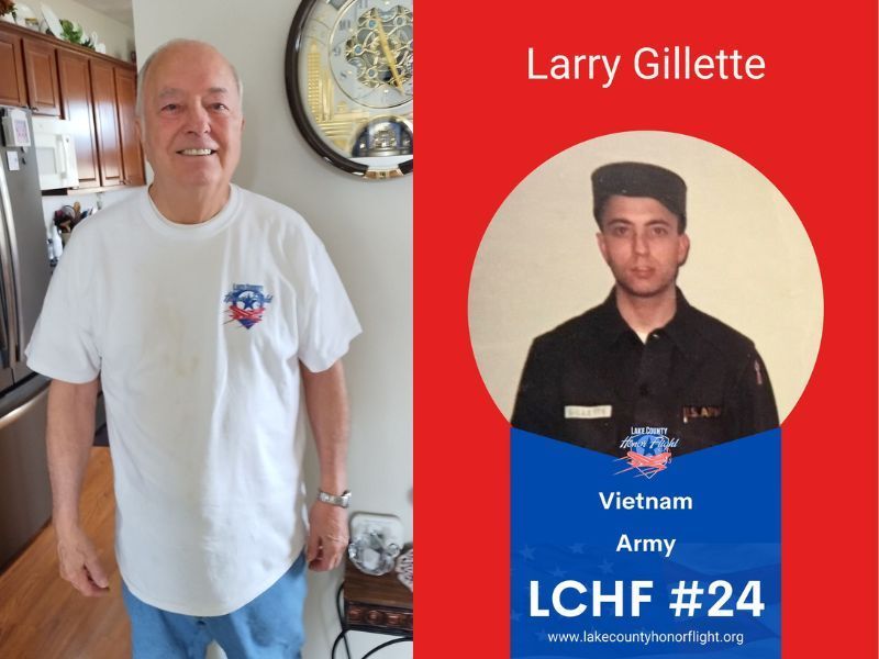 Larry Gillette in his home at Wesley Willows next to a photo of him from when he served during the Vietnam War