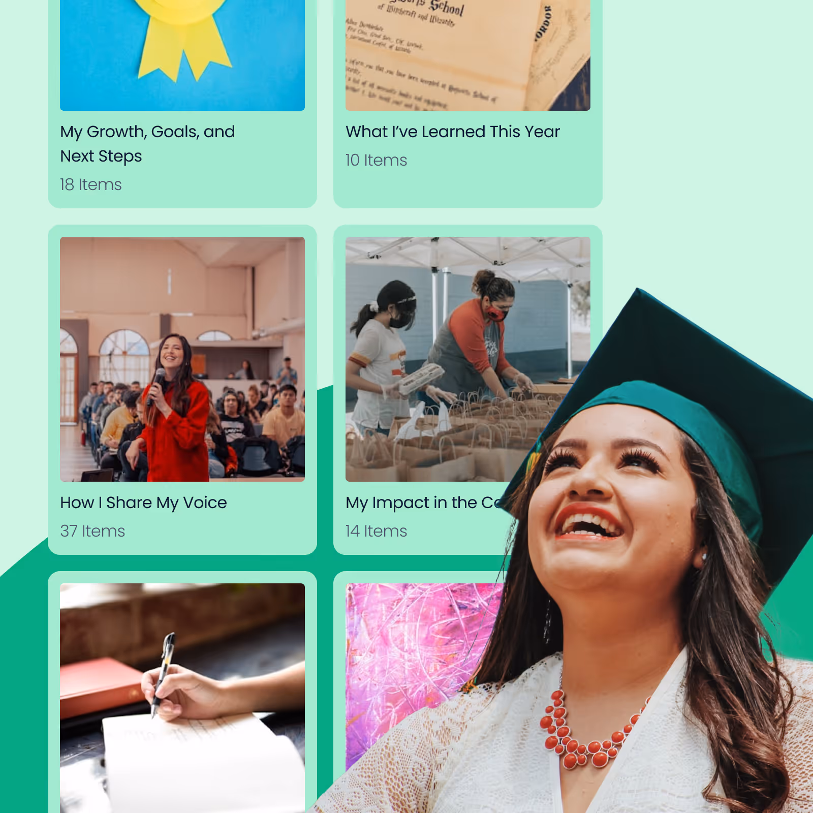 Smiling woman in graduation cap and gown with a red necklace looking upward, beside various activity images.