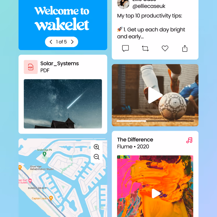 Wakelet interface showing PDF, map, music playlist, social post, and soccer video thumbnails.