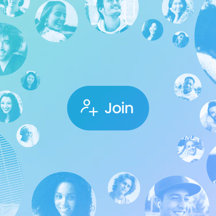 Blue join button surrounded by diverse smiling faces in circular frames on a light gradient background.