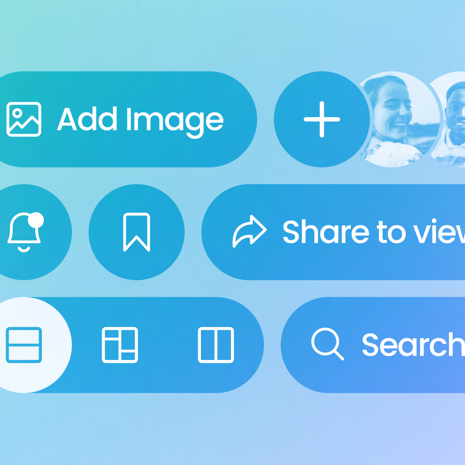 User interface with buttons labeled Add Image, Share, Search, and icons for notifications and bookmarks.