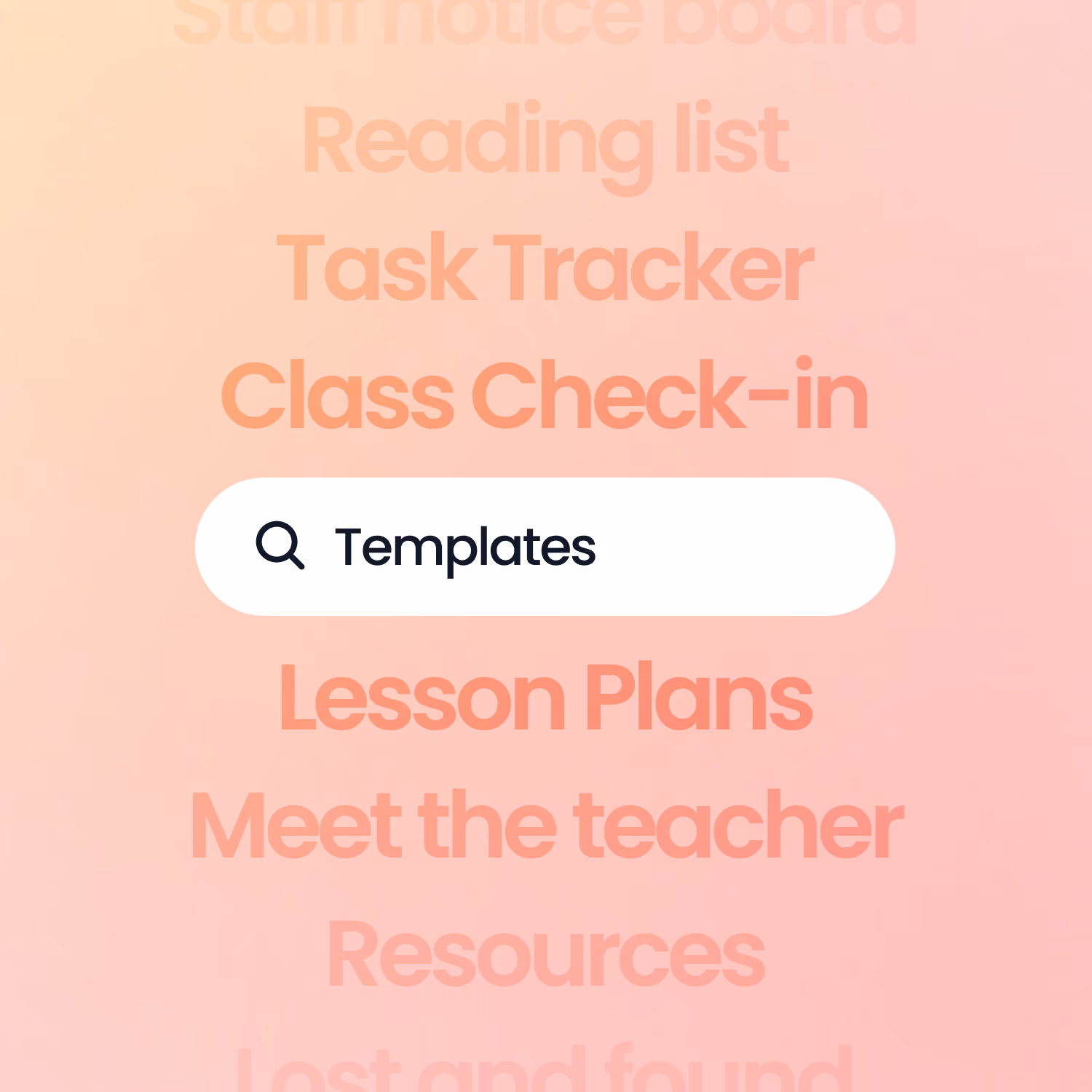 Search bar with magnifying glass icon and word Templates on a peach background with faint text.