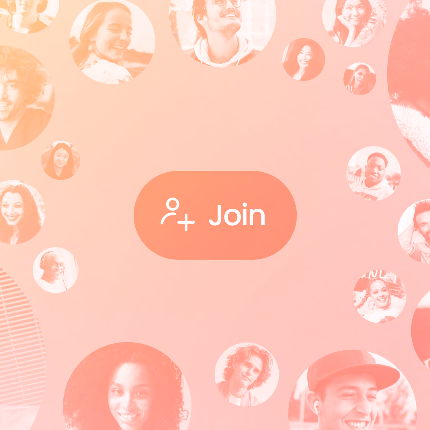 Orange and pink gradient background with a rounded join button surrounded by circular photos of smiling people.