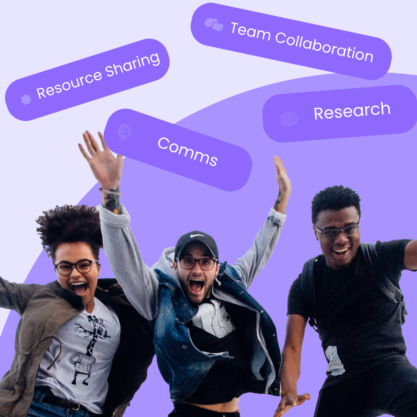 Three young adults jumping excitedly with purple labels reading resource sharing, comms, collaboration, research.