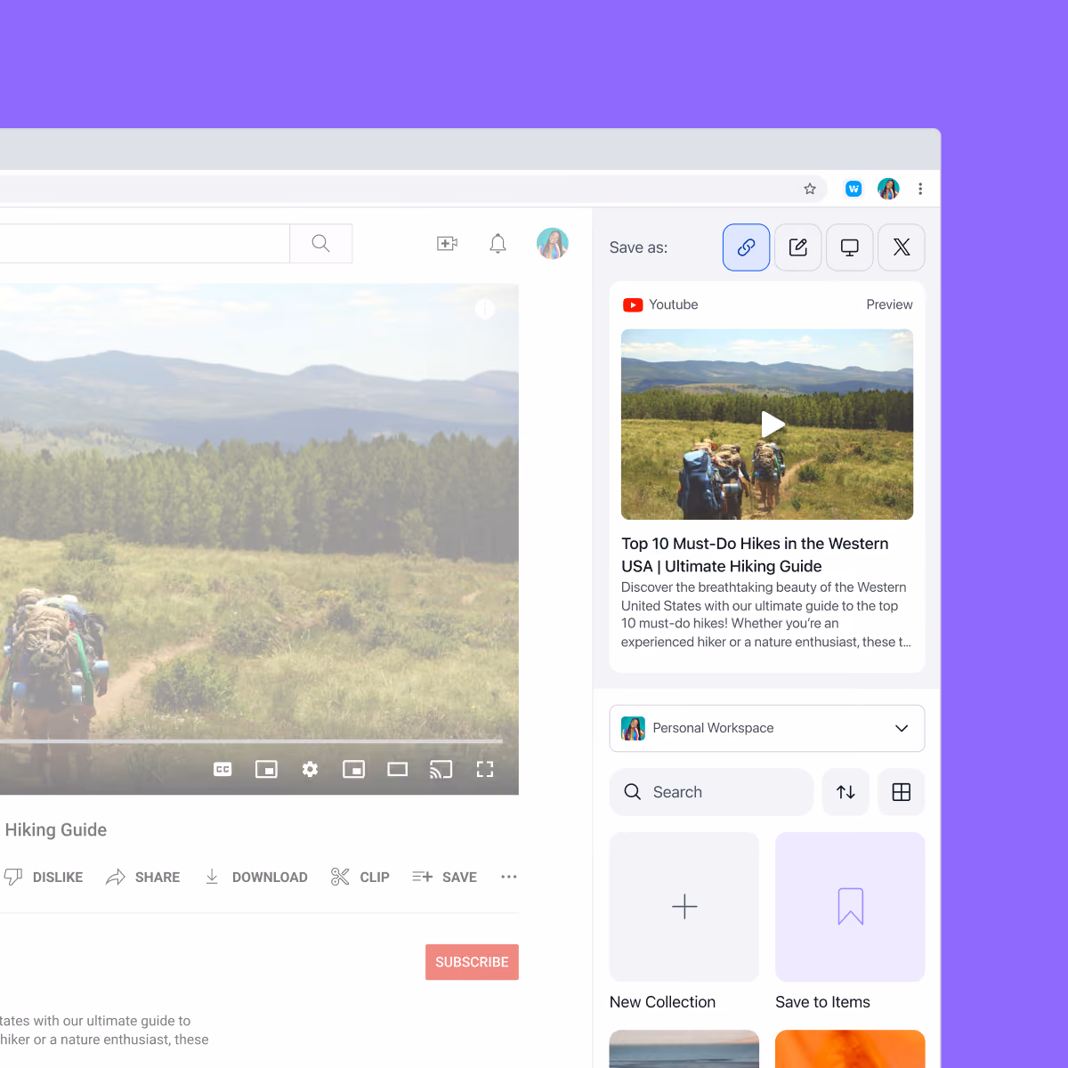An image of the wakelet browser extension, saving a youtube video into a collection