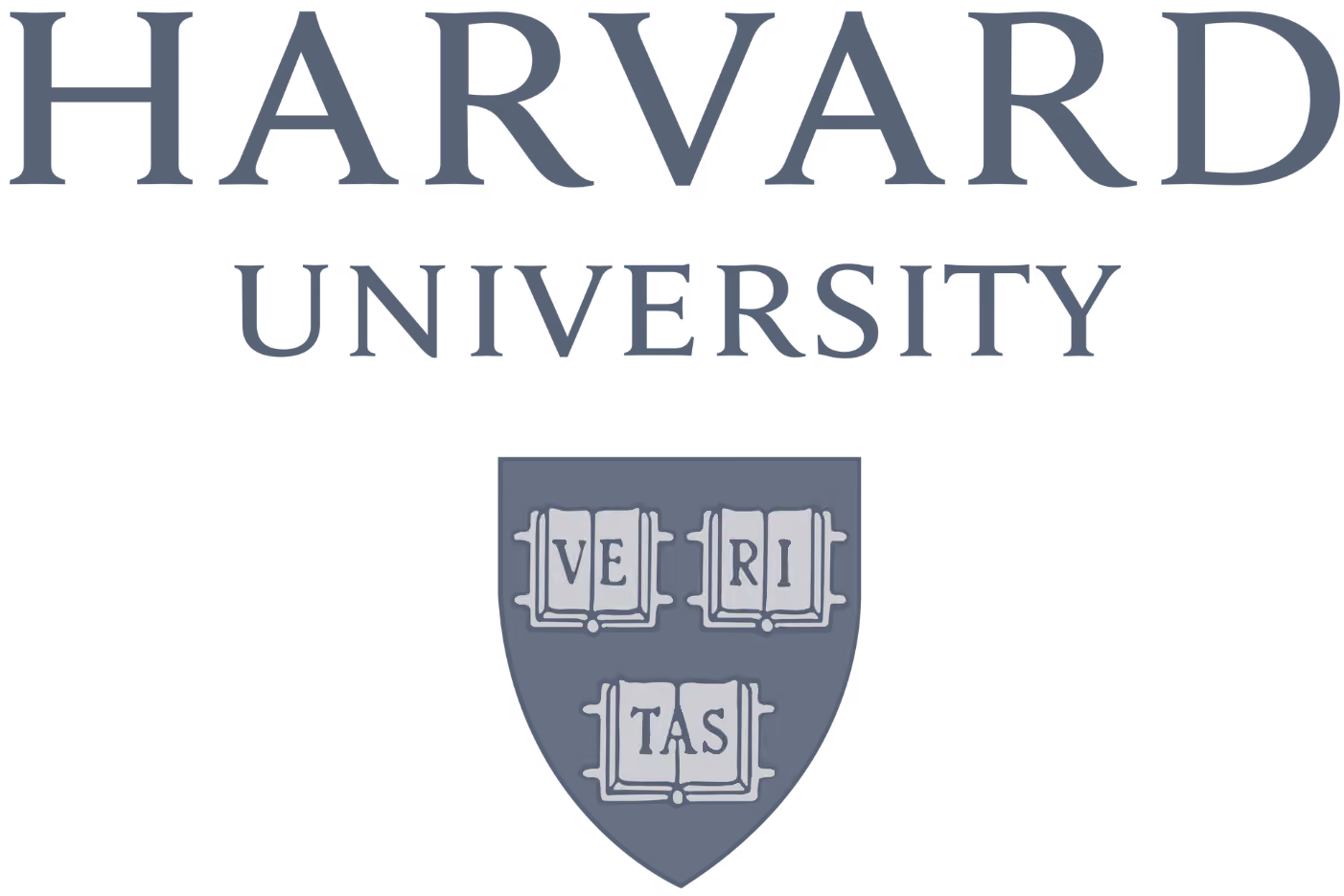 Harvard University name above shield with three open books reading VERITAS.