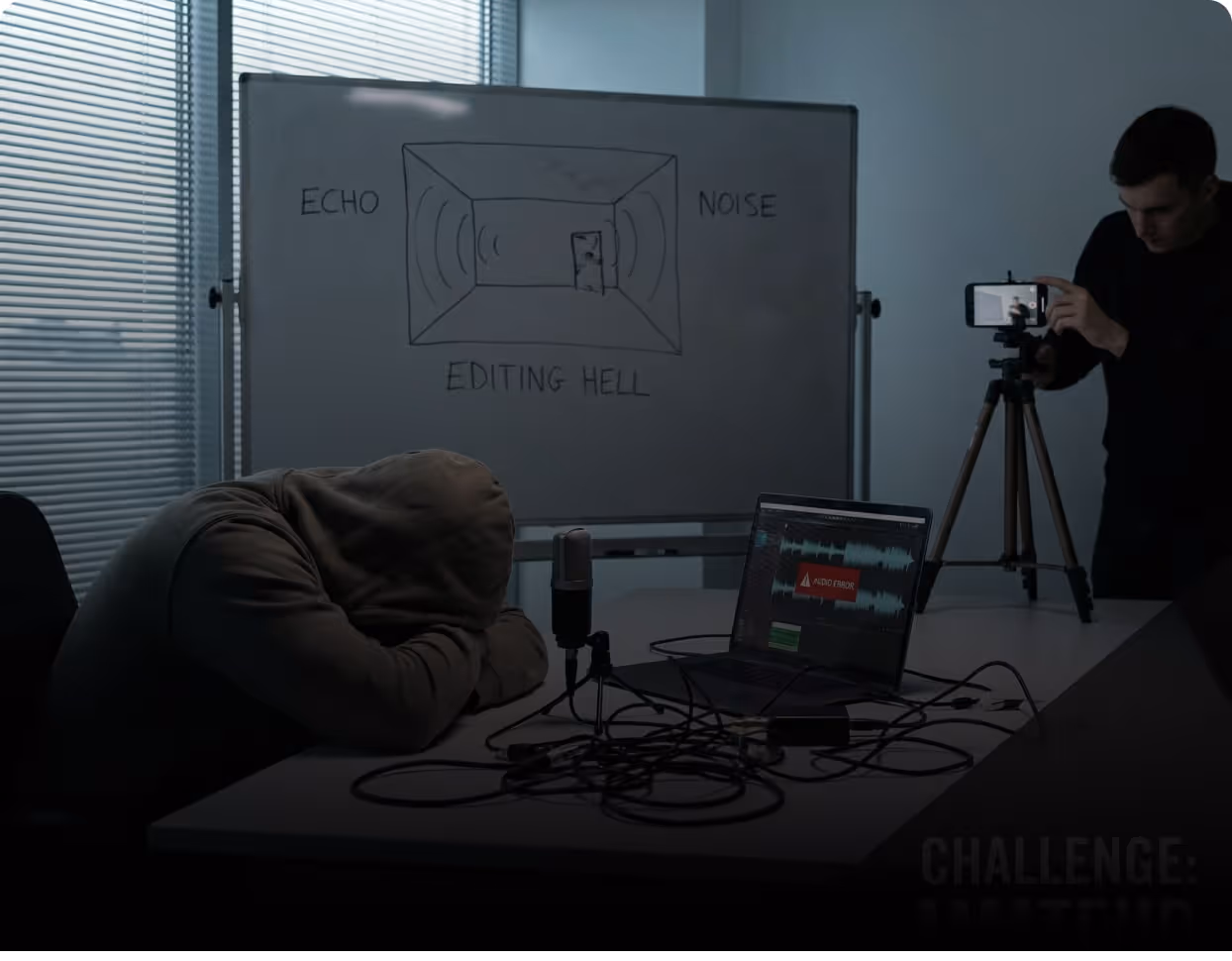 Osoba w kapturze opierająca głowę na stole obok mikrofonu, laptop z błędem dźwięku i mężczyzna ustawiający kamerę smartfona na statywie w słabo oświetlonym pomieszczeniu z tablicą z napisem „Echo Noise Editing Hell”.