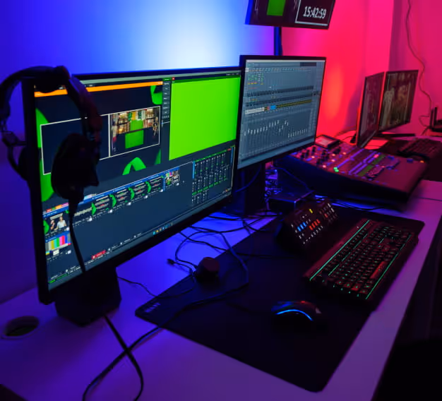 Wielomonitorowa przestrzeń robocza do edycji i produkcji wideo z kolorowym, niebieskim i różowym oświetleniem otoczenia.
