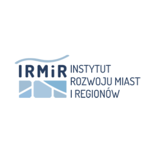 Logo IRMiR z niebieskimi geometrycznymi kształtami i tekstem Instytut Rozwoju Miast i Regionów.