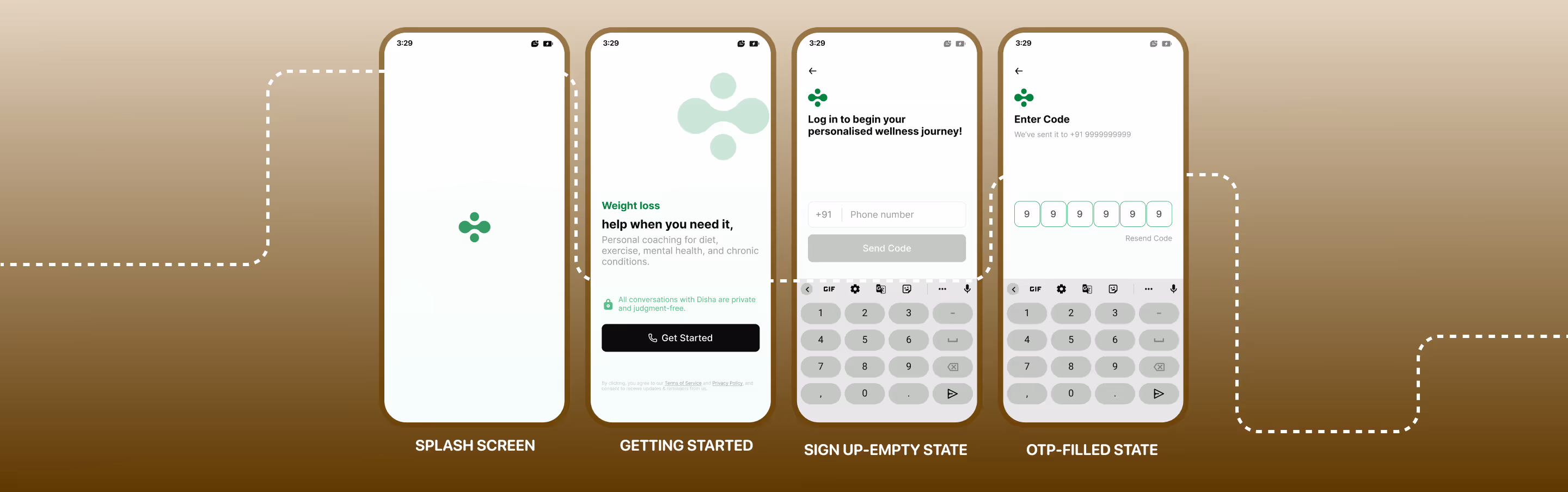 Login screens — splash, getting started, sign up, OTP