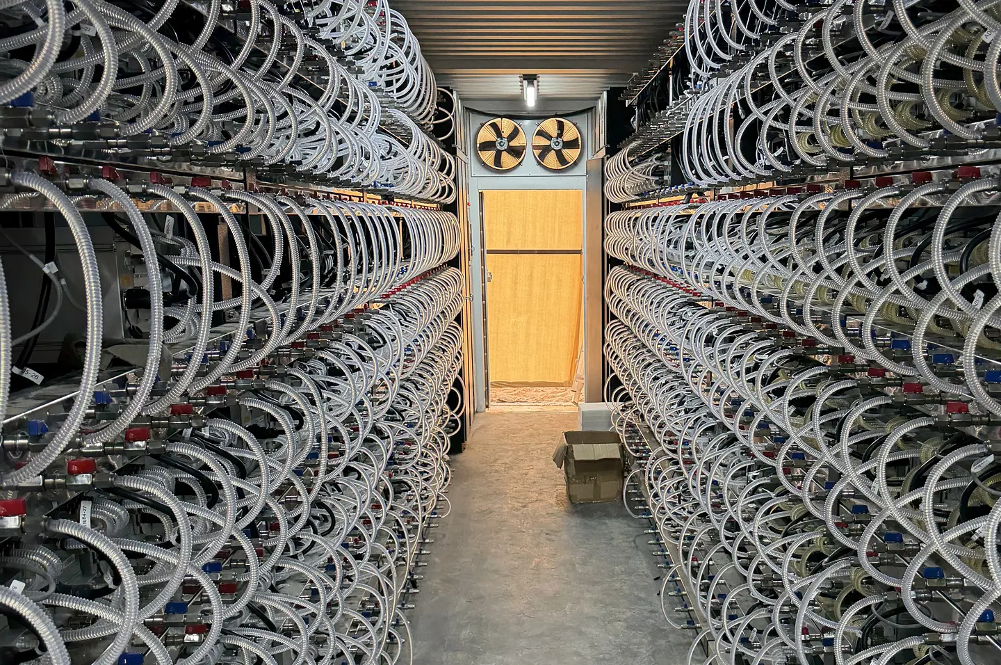 Inside view of ASIC miners on racks with cooling fans in mining container.