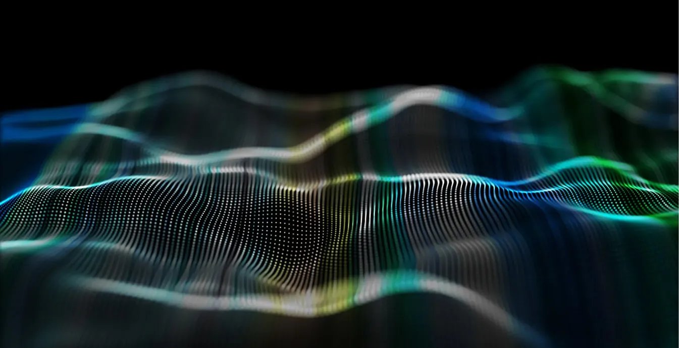 Abstract digital wave pattern with glowing blue, green, and yellow dots on a black background.