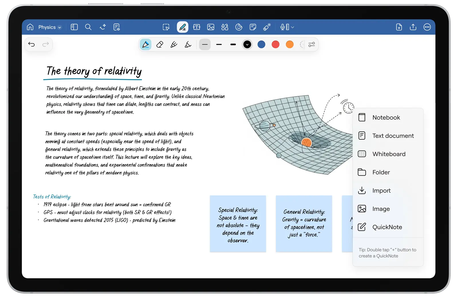 The UI of Goodnotes for Android with a note on the theory of relativity.